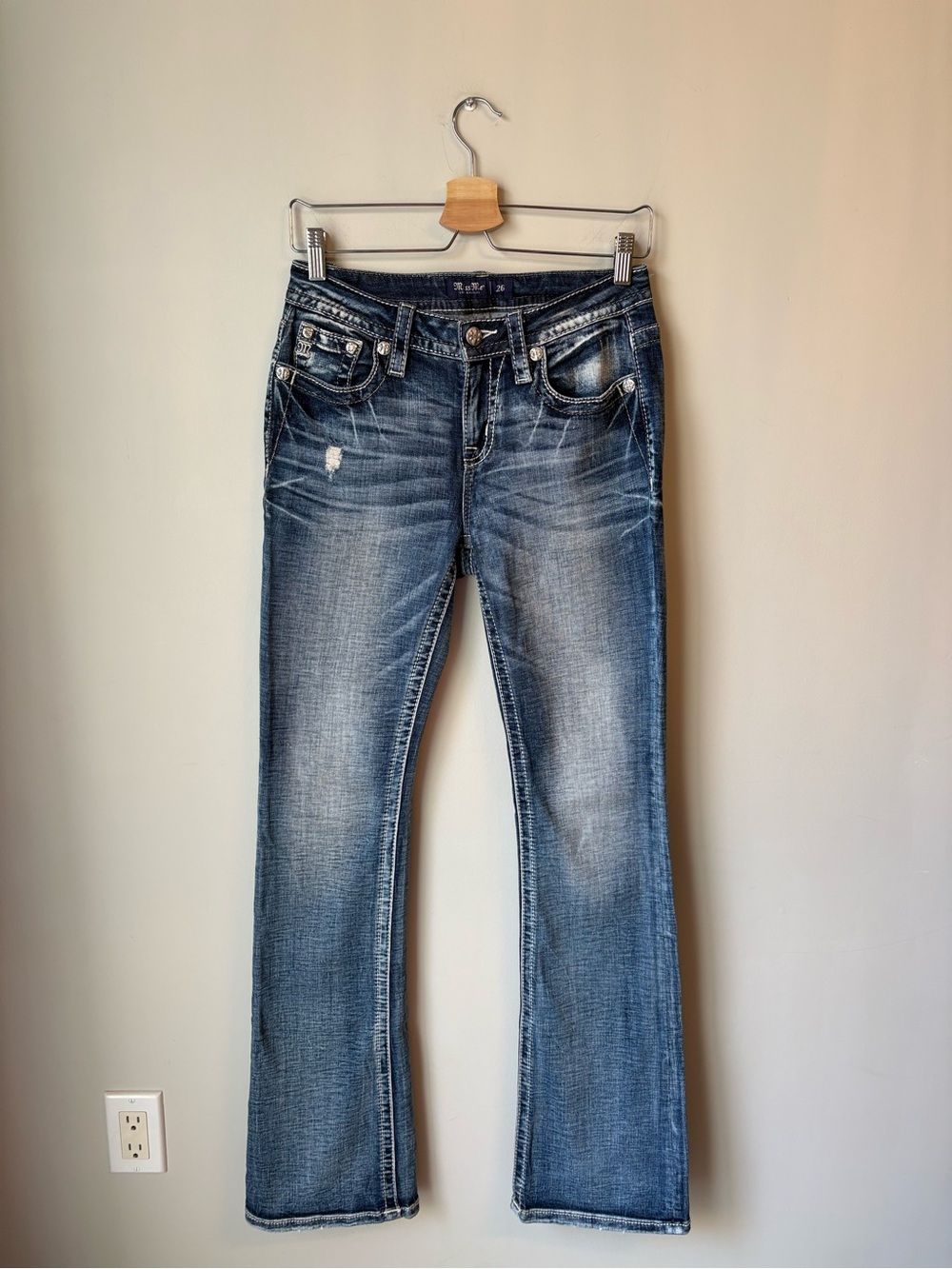 Miss me Bootcut Distressed Medium Wash Rhinestone Heavy Stitch Mid Rise Jeans